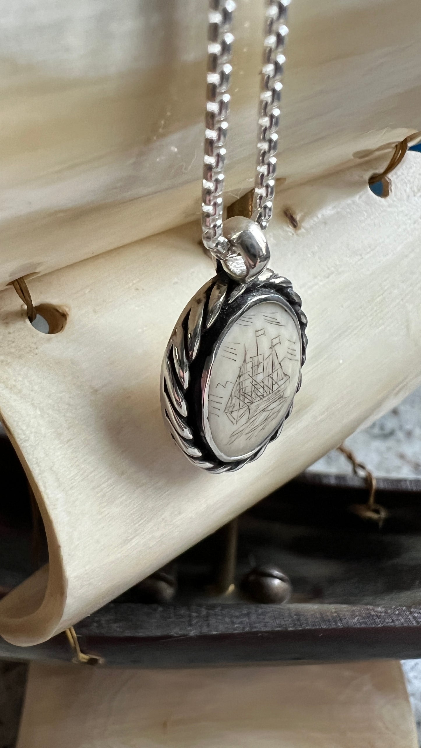 Authentic Scrimshaw Whale Bone Ship Necklace