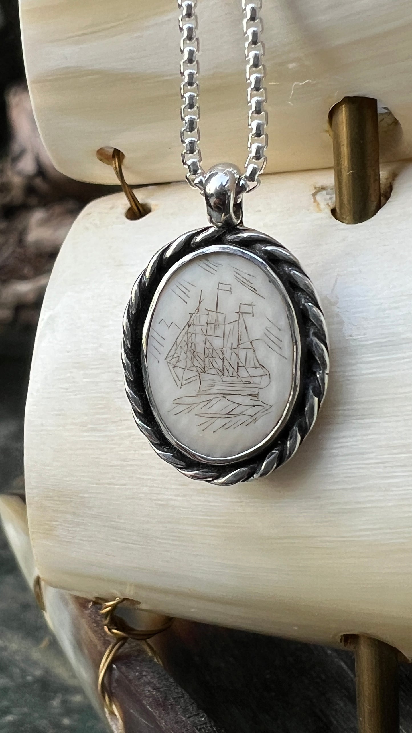 Authentic Scrimshaw Whale Bone Ship Necklace
