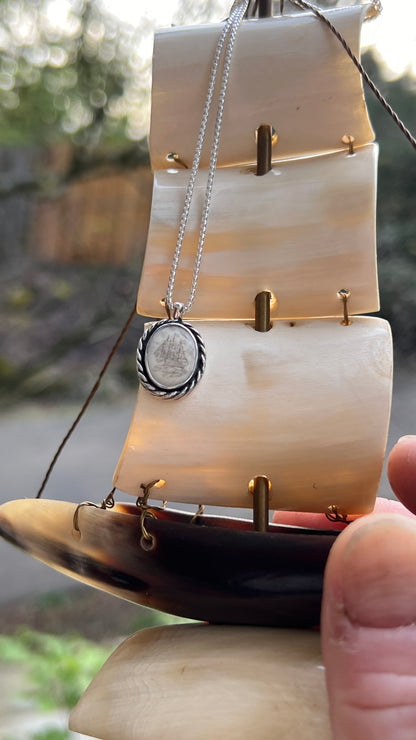 Authentic Scrimshaw Whale Bone Ship Necklace