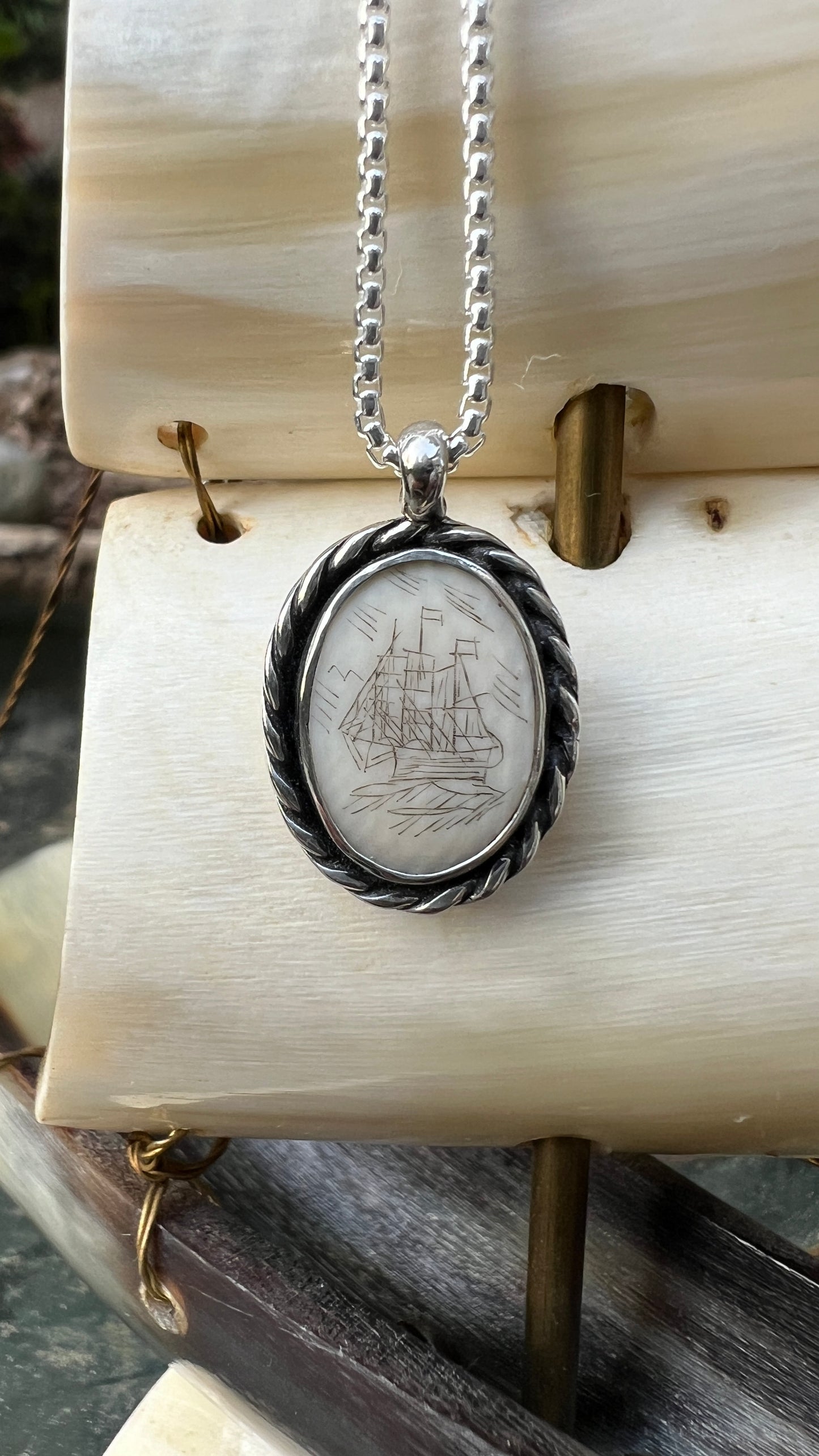 Authentic Scrimshaw Whale Bone Ship Necklace