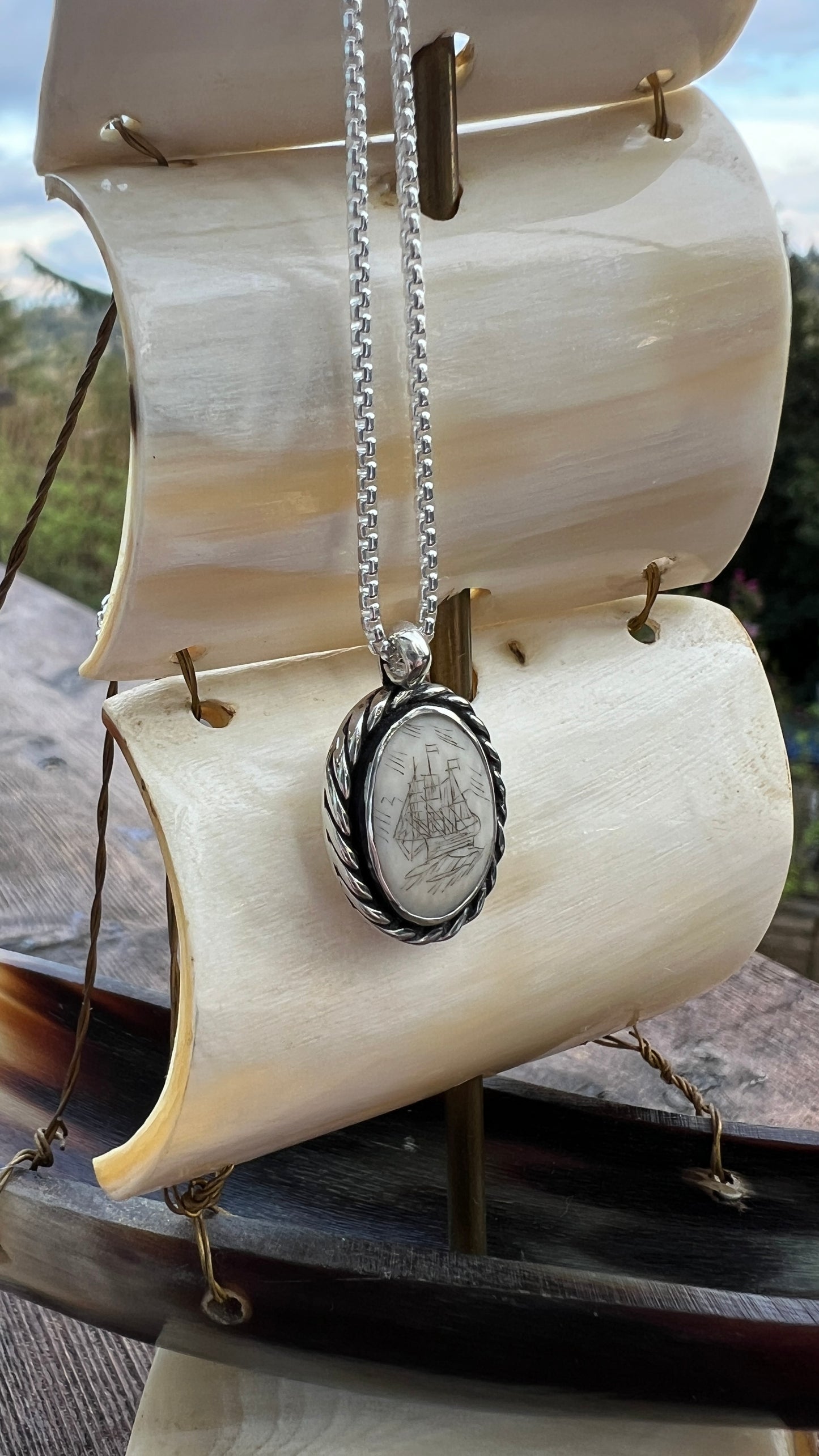 Authentic Scrimshaw Whale Bone Ship Necklace