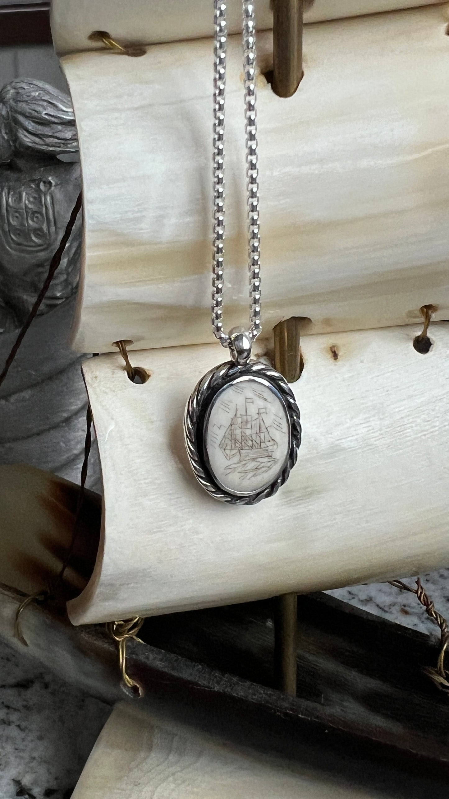 Authentic Scrimshaw Whale Bone Ship Necklace