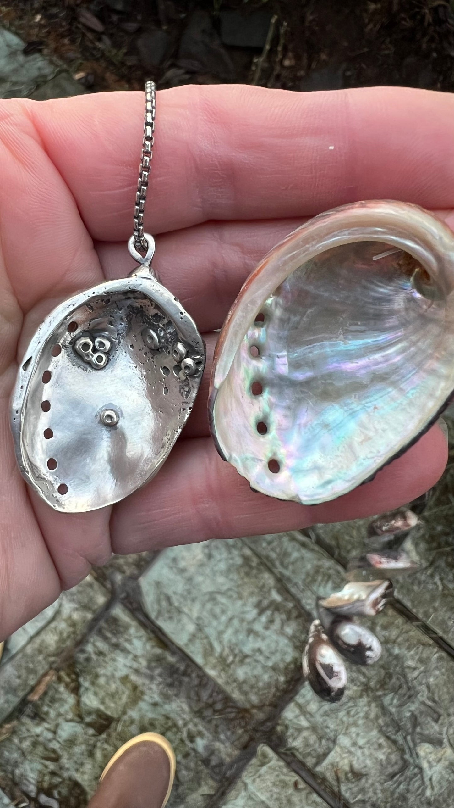 Solid Sterling Silver hand forged Abalone Shell Necklace with diamonds/Montana sapphire