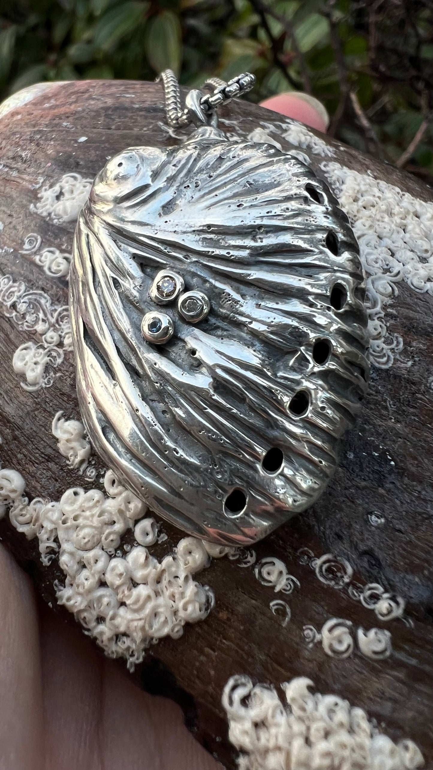 Solid Sterling Silver hand forged Abalone Shell Necklace with diamonds/Montana sapphire