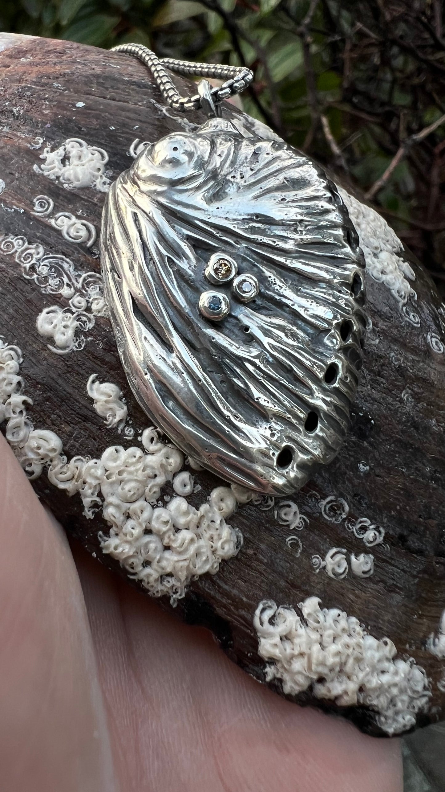 Solid Sterling Silver hand forged Abalone Shell Necklace with diamonds/Montana sapphire