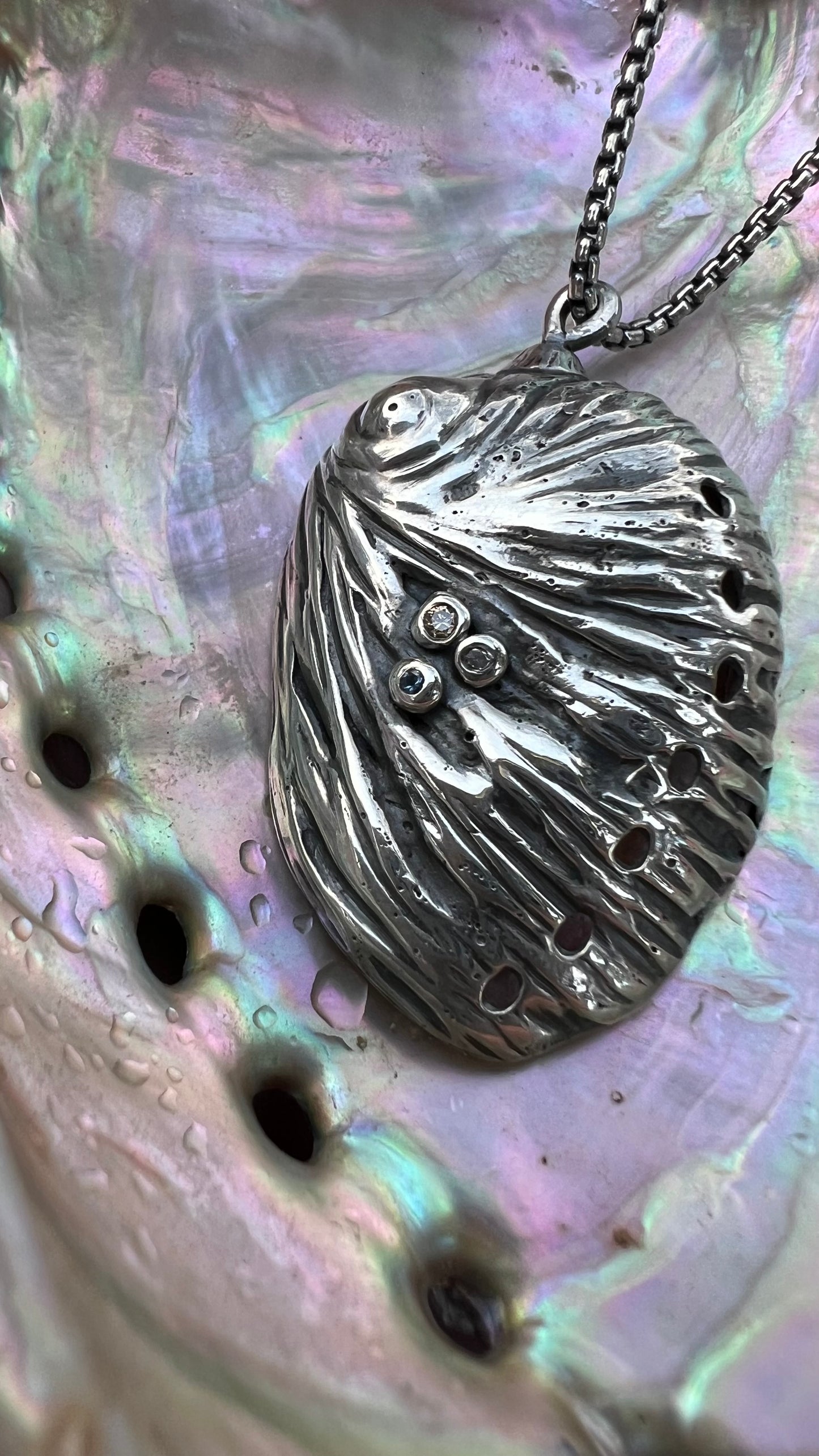 Solid Sterling Silver hand forged Abalone Shell Necklace with diamonds/Montana sapphire