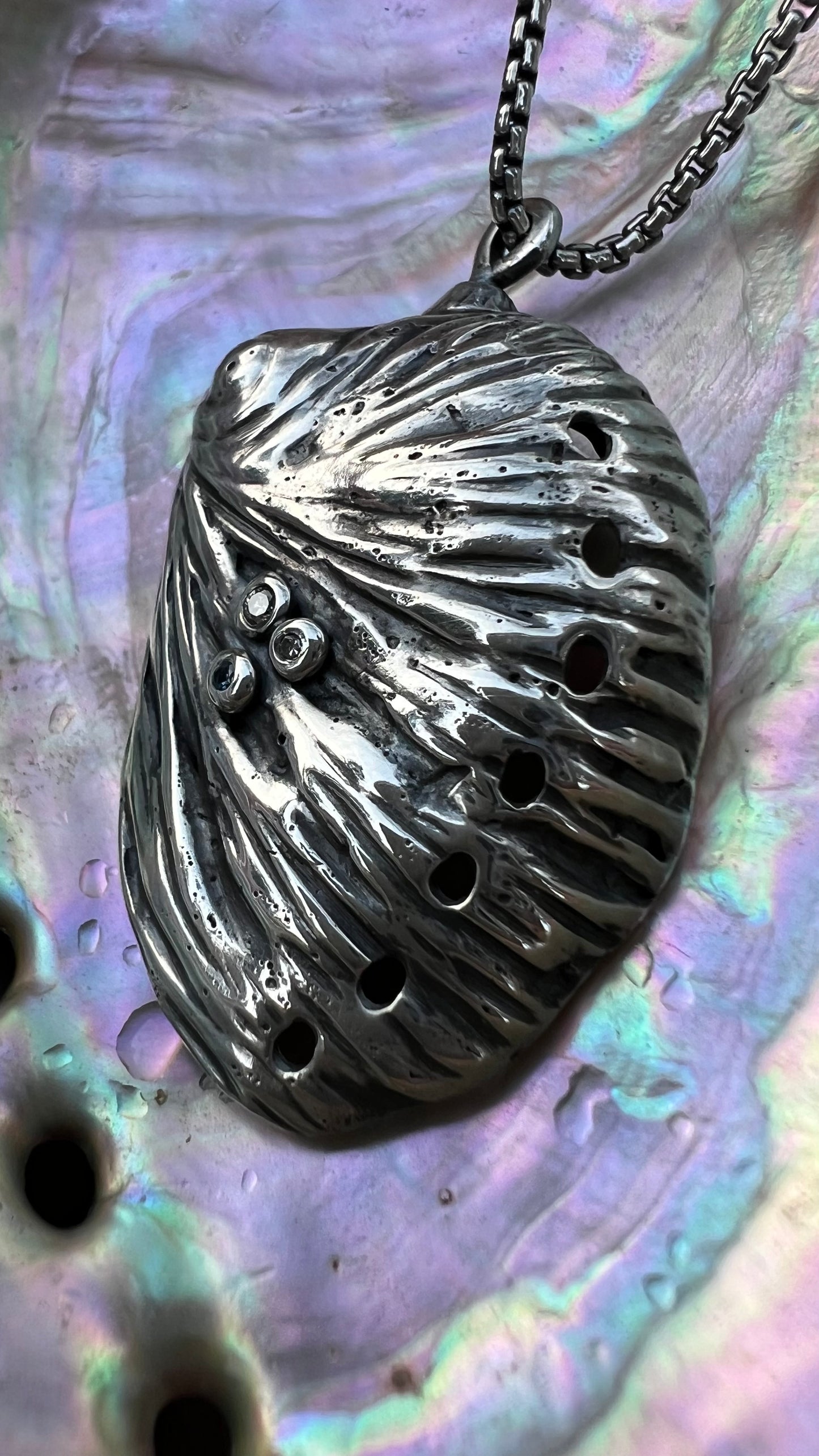 Solid Sterling Silver hand forged Abalone Shell Necklace with diamonds/Montana sapphire