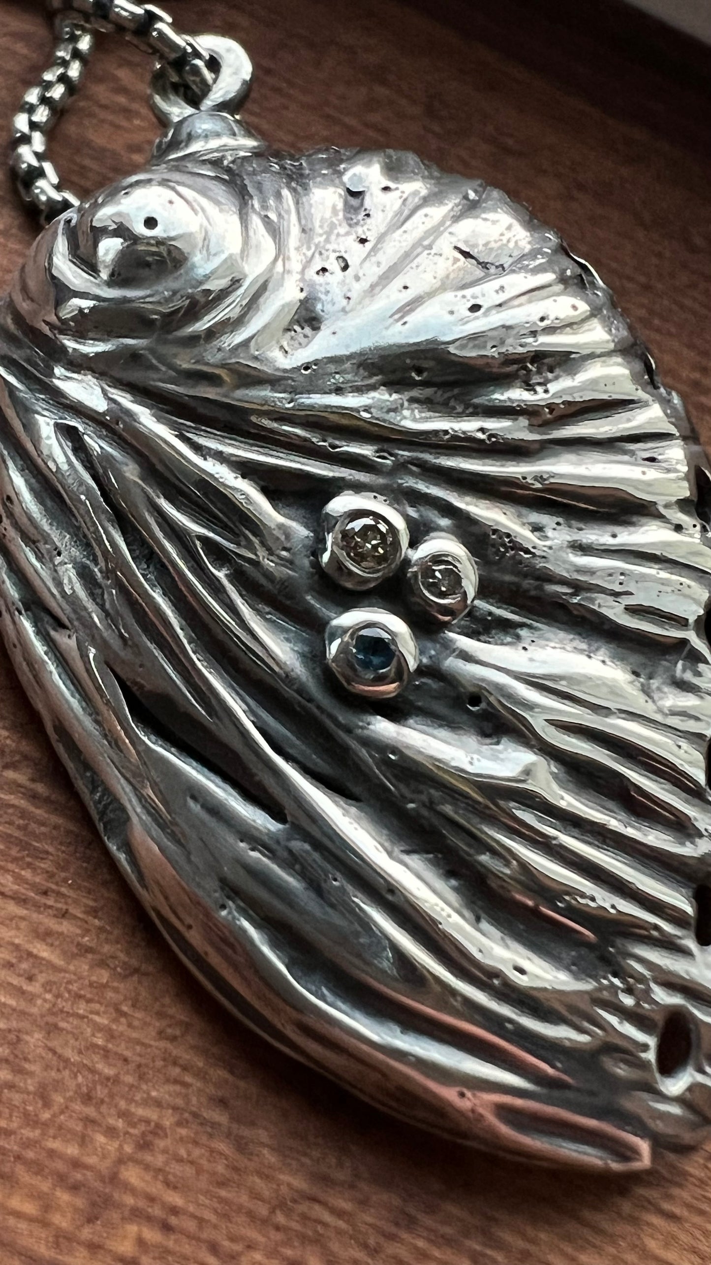 Solid Sterling Silver hand forged Abalone Shell Necklace with diamonds/Montana sapphire