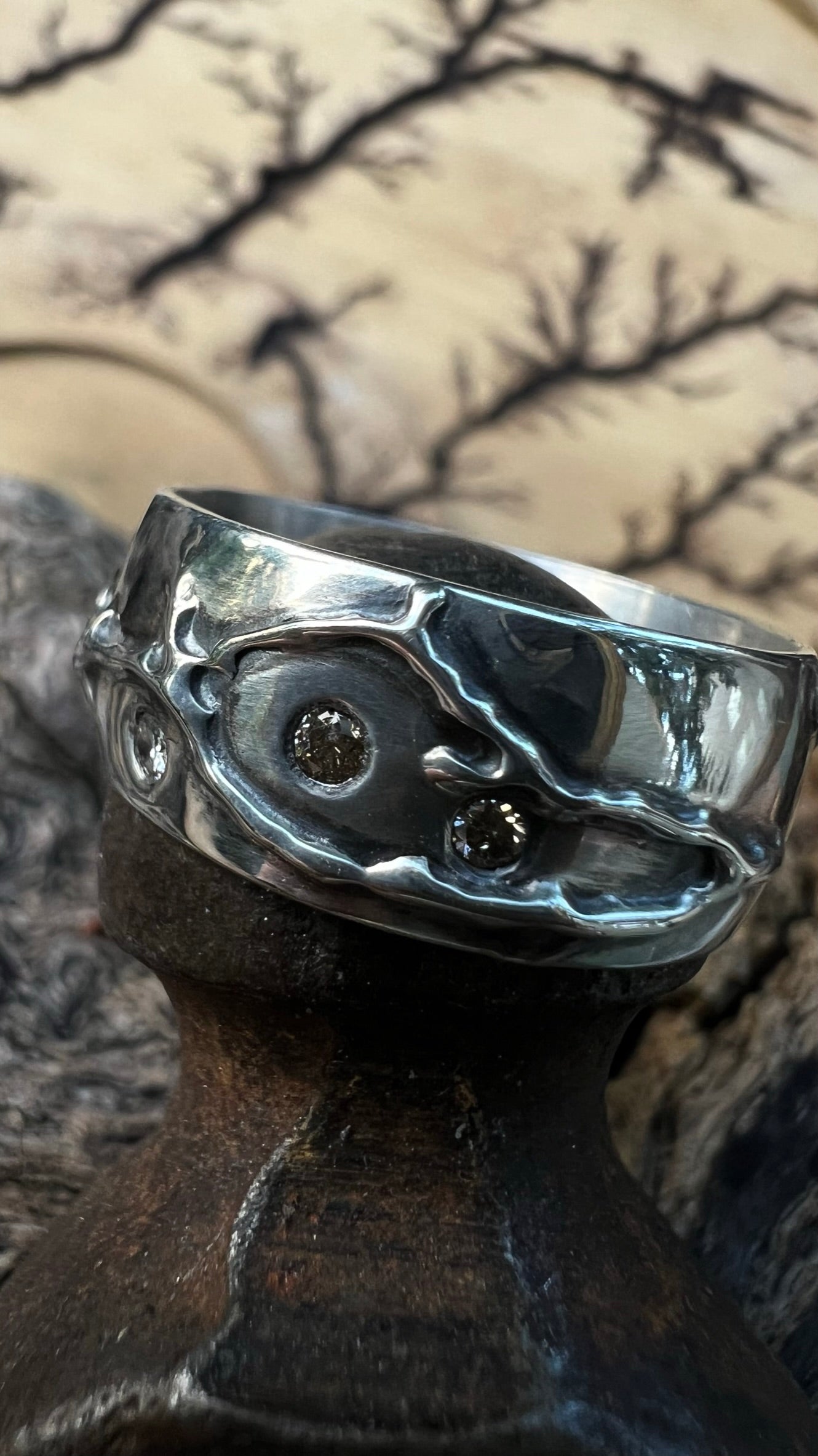 Soild Sterling Silver Fractal Burn Ring w/ 7 Diamonds ~ Size 11