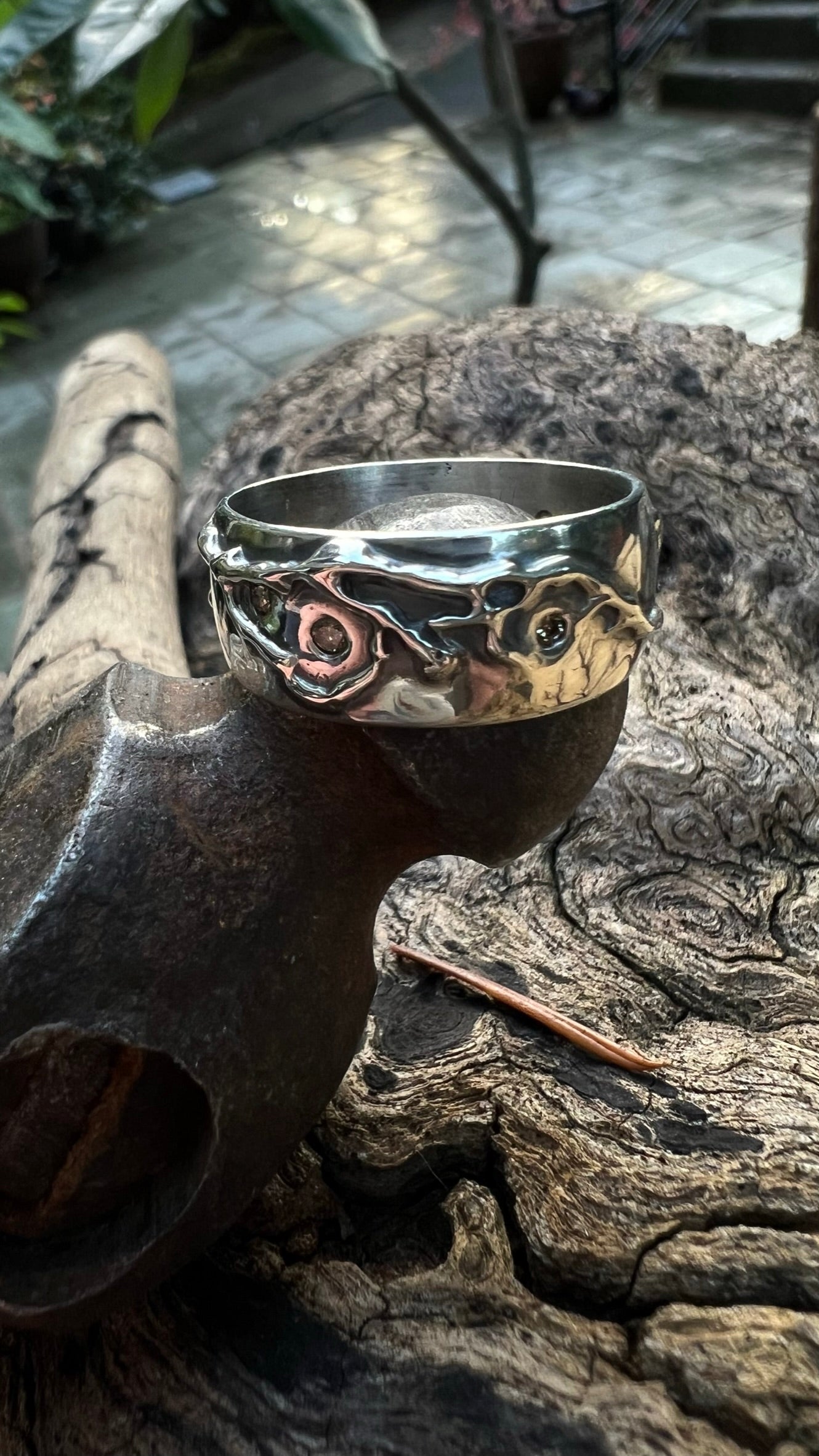 Soild Sterling Silver Fractal Burn Ring w/ 7 Diamonds ~ Size 11