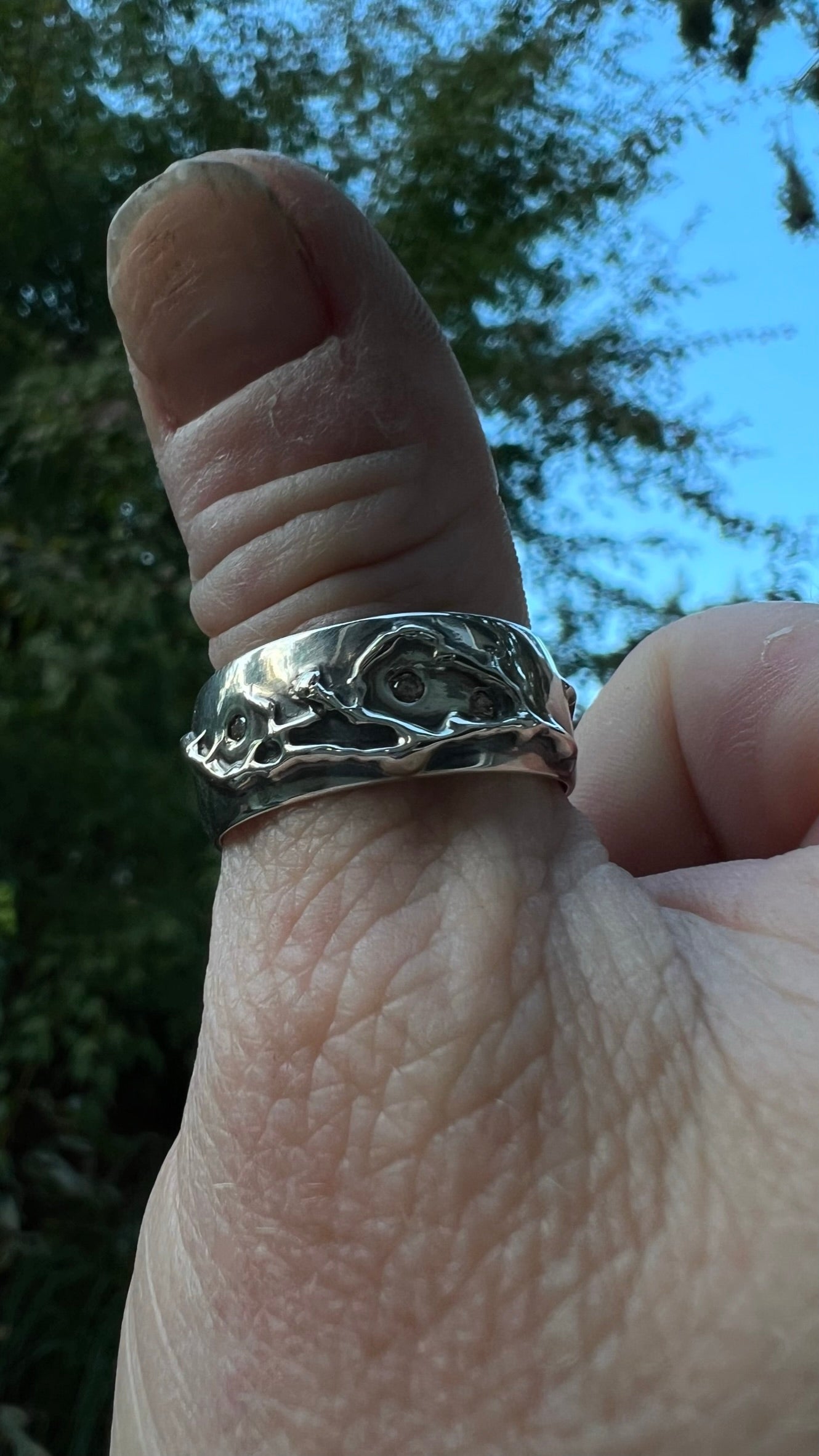 Soild Sterling Silver Fractal Burn Ring w/ 7 Diamonds ~ Size 11