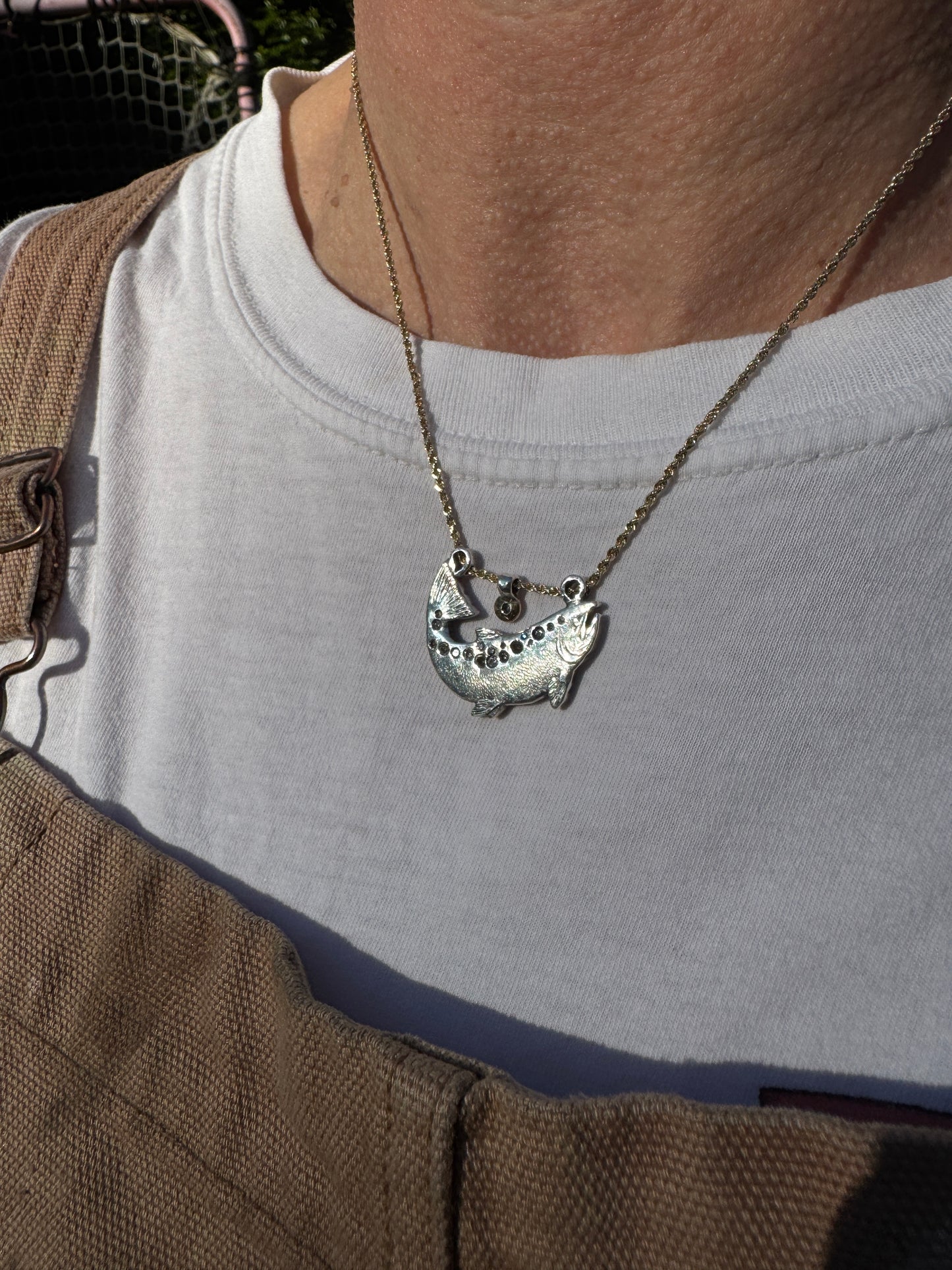 .999 Fine silver/14k gold/natural diamond Chinook Salmon Necklace (Alaska Mint)