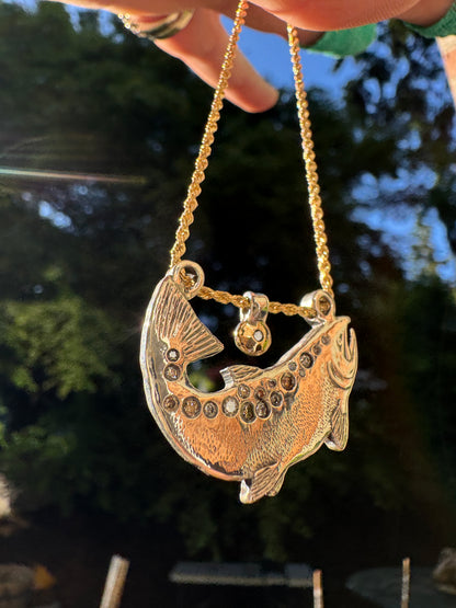 .999 Fine silver/14k gold/natural diamond Chinook Salmon Necklace (Alaska Mint)