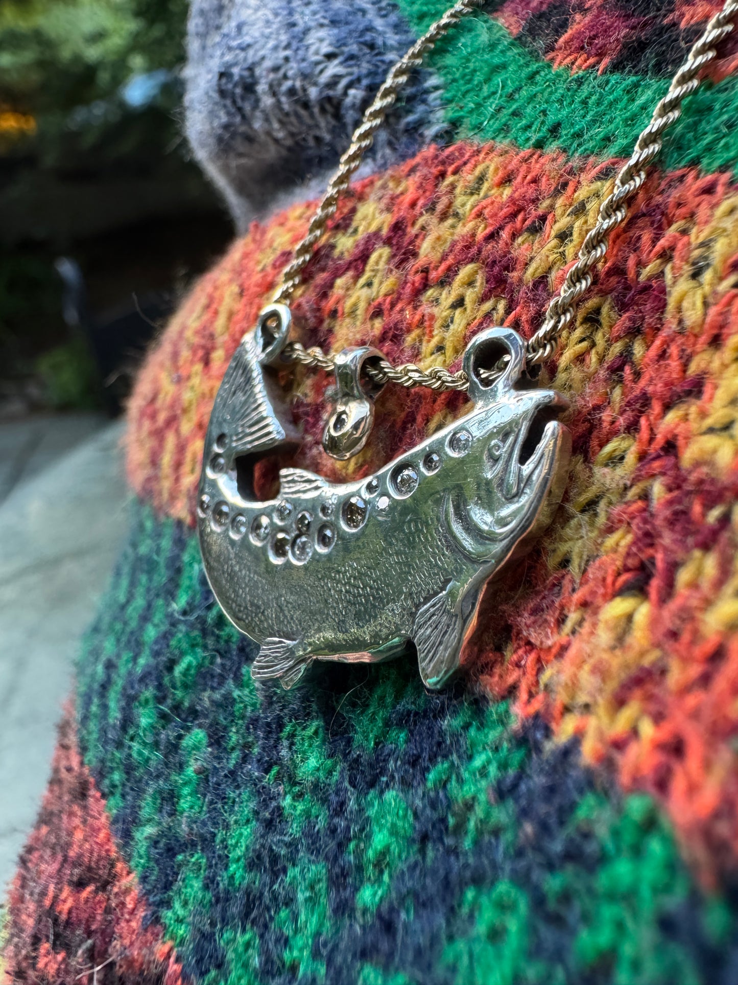 .999 Fine silver/14k gold/natural diamond Chinook Salmon Necklace (Alaska Mint)