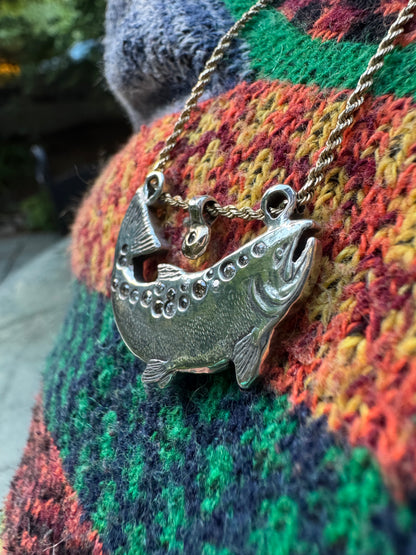 .999 Fine silver/14k gold/natural diamond Chinook Salmon Necklace (Alaska Mint)