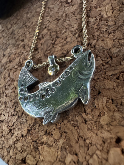 .999 Fine silver/14k gold/natural diamond Chinook Salmon Necklace (Alaska Mint)