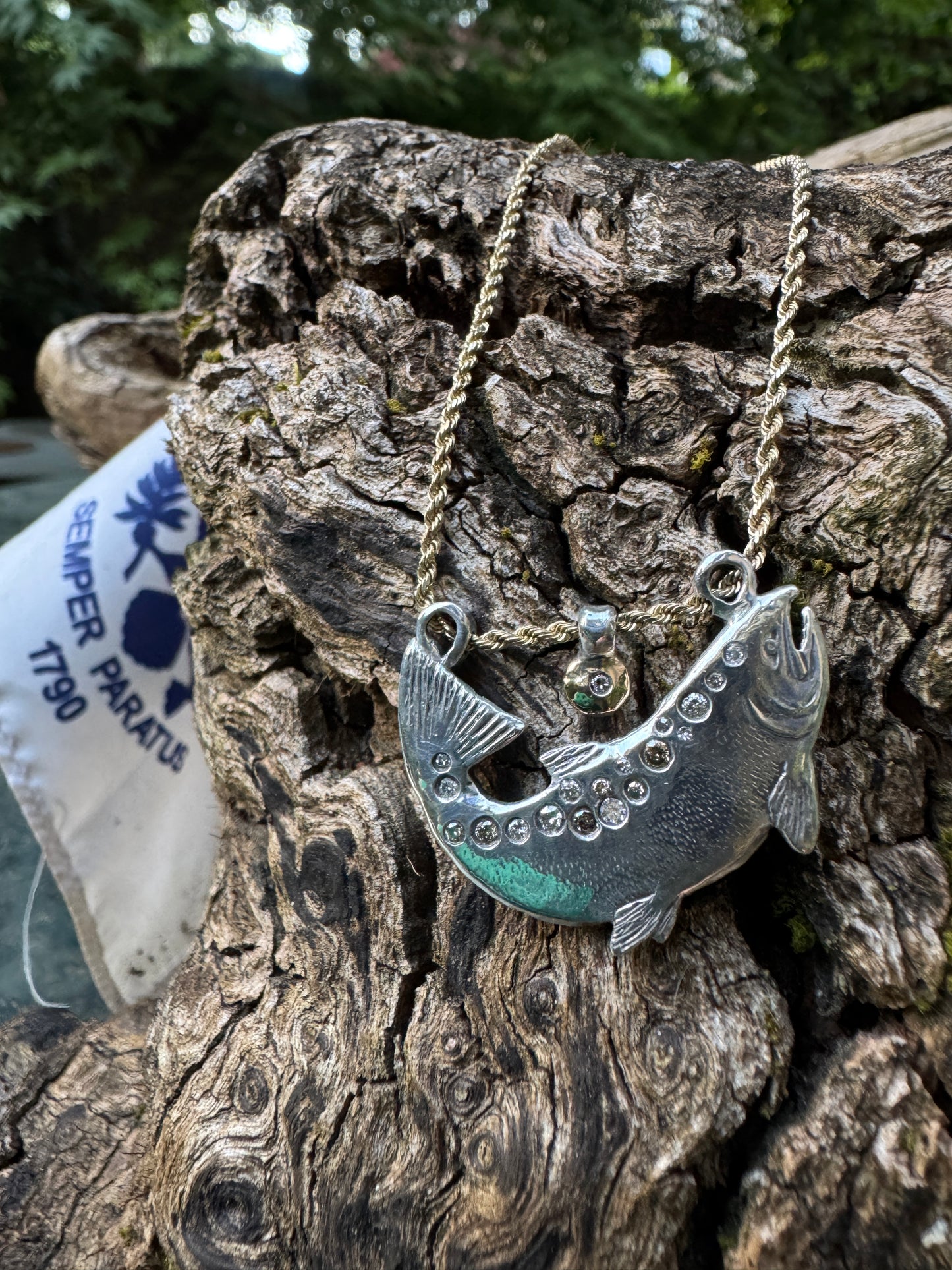 .999 Fine silver/14k gold/natural diamond Chinook Salmon Necklace (Alaska Mint)