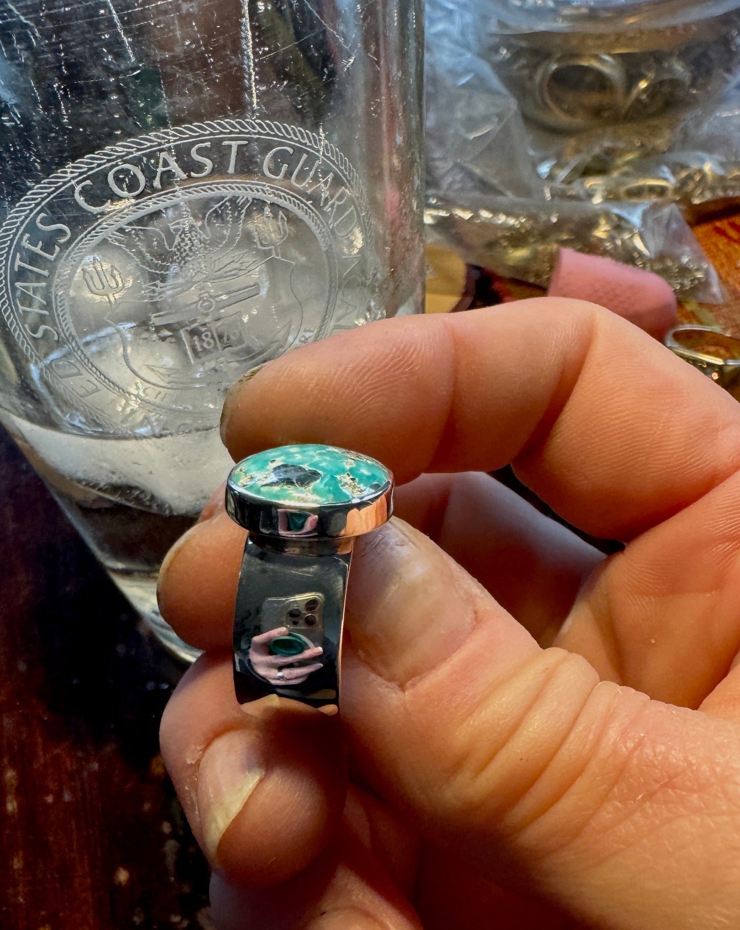 White Water Turquoise Wide Band Beauty Size 8.5-9.25