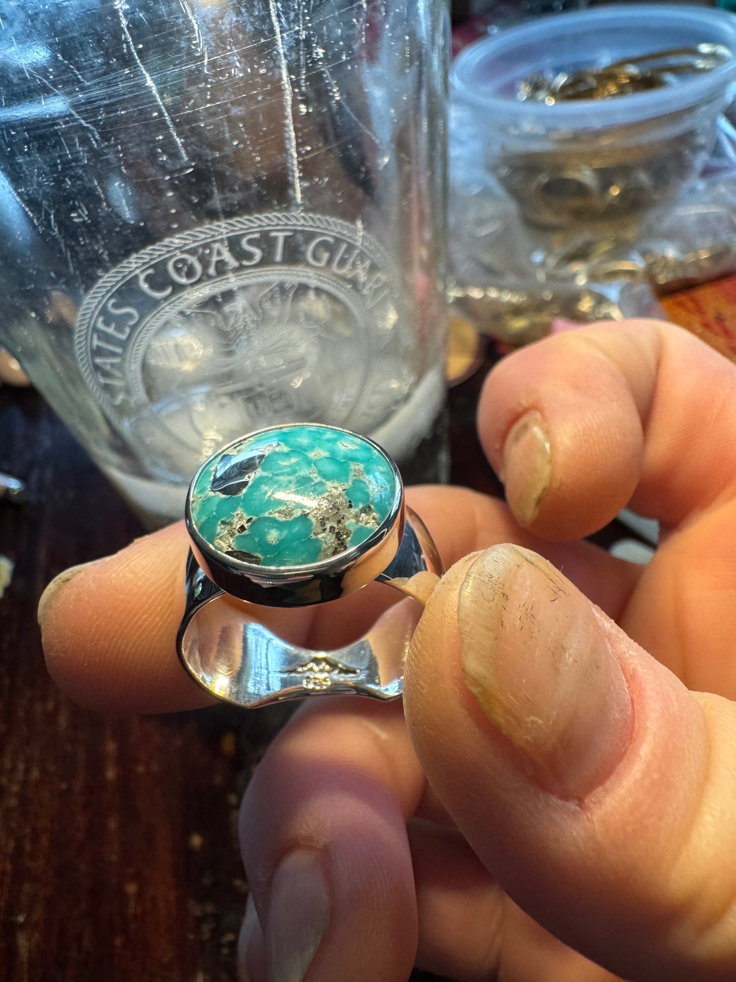 White Water Turquoise Wide Band Beauty Size 8.5-9.25