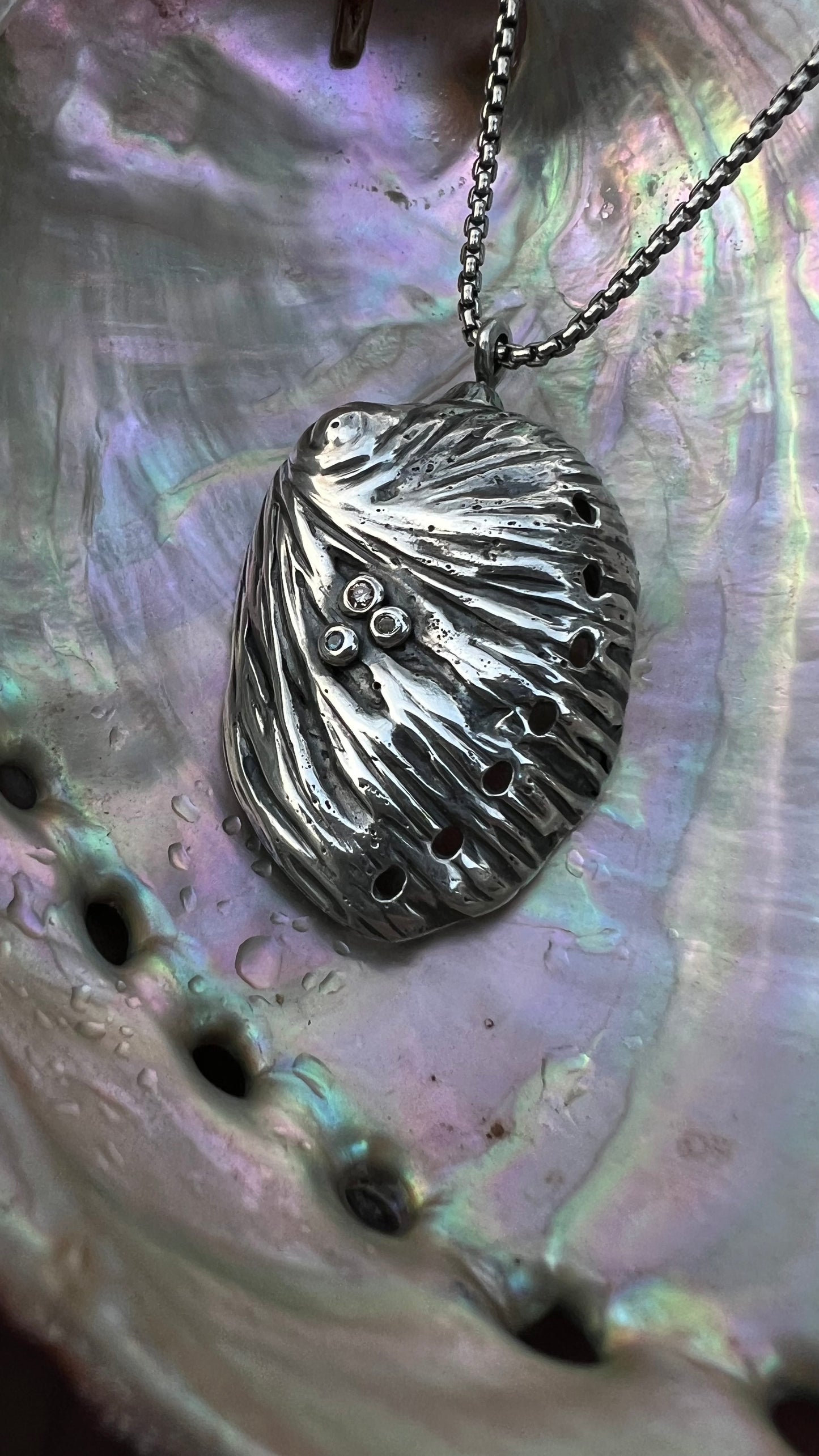 Solid Sterling Silver hand forged Abalone Shell Necklace with diamonds/Montana sapphire