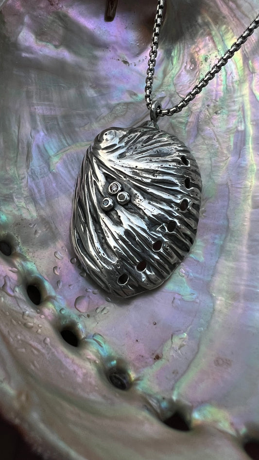 Solid Sterling Silver hand forged Abalone Shell Necklace with diamonds/Montana sapphire