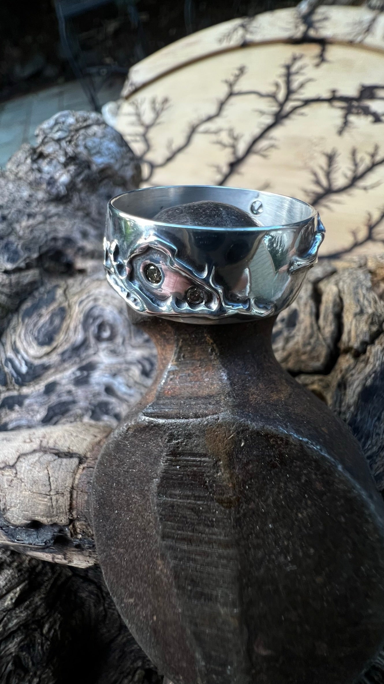 Soild Sterling Silver Fractal Burn Ring w/ 7 Diamonds ~ Size 11