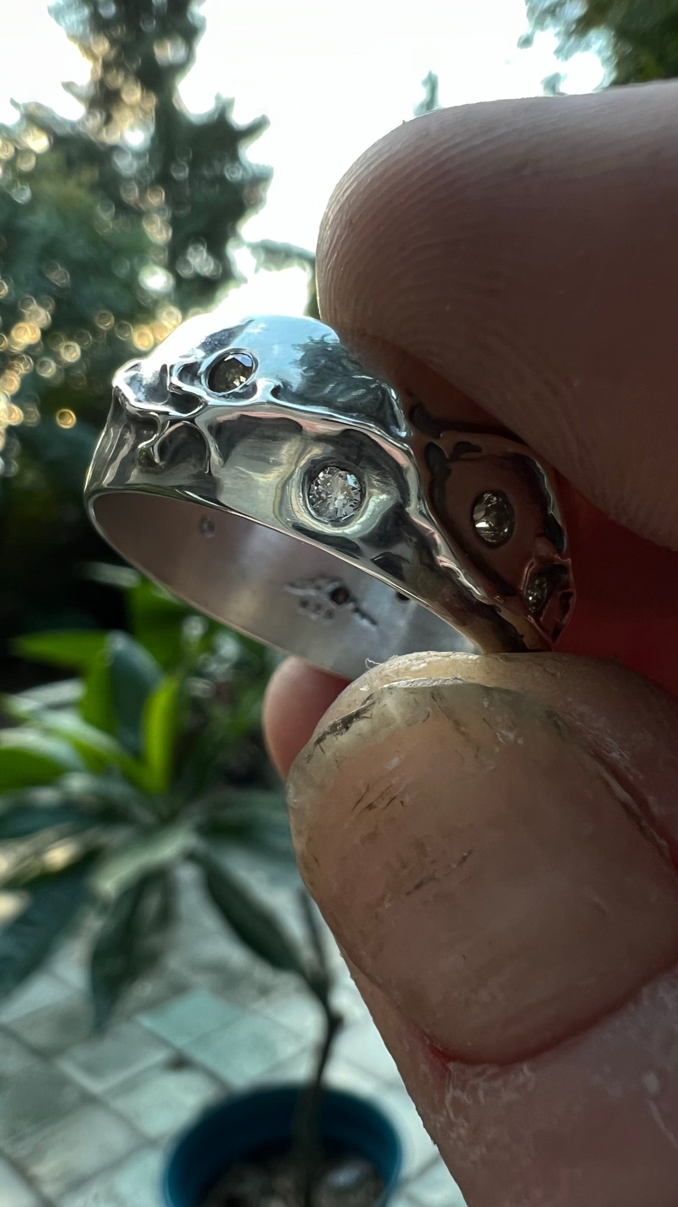 Soild Sterling Silver Fractal Burn Ring w/ 7 Diamonds ~ Size 11