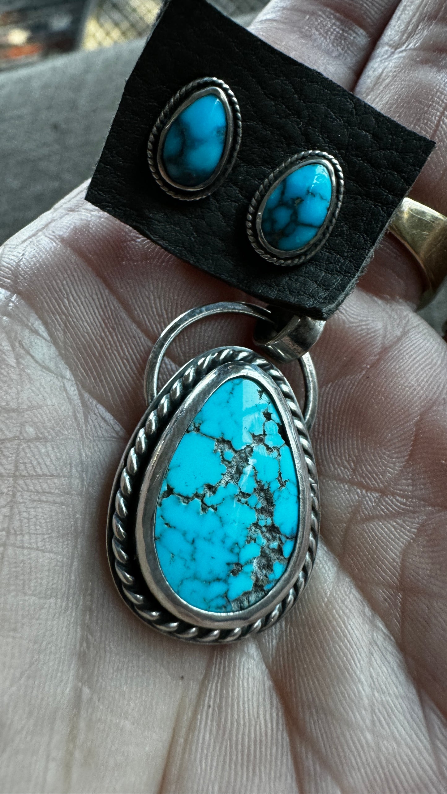 Matching Tomahawk Turquoise Pendant and Earring Set